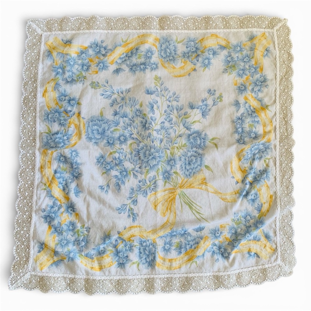 Vintage Nina Ricci Floral Lace Trim Handkerchief Blue Yellow Cotton 18” Japan
